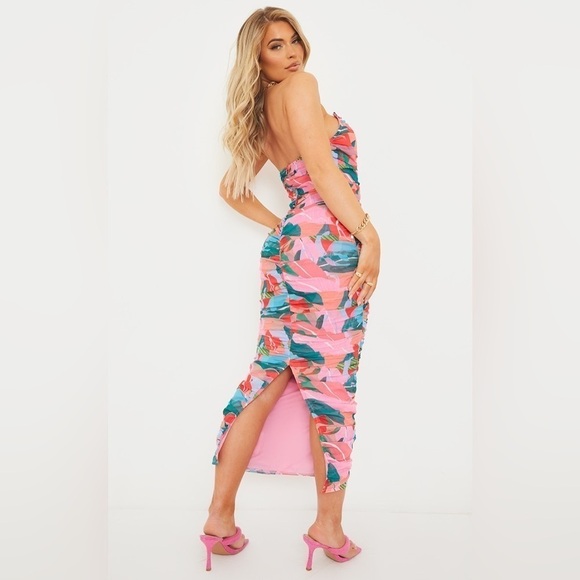 PRETTYLITTLETHING Multi Tropical Pointed Bandeau Mesh Ruched Midaxi Dress 4 - Picture 2 of 11